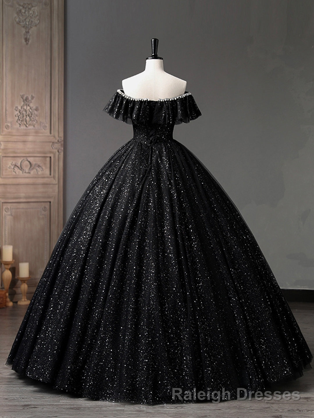 Black Tulle Long A-Line Prom Dress, Shiny Off Shoulder Evening Dress