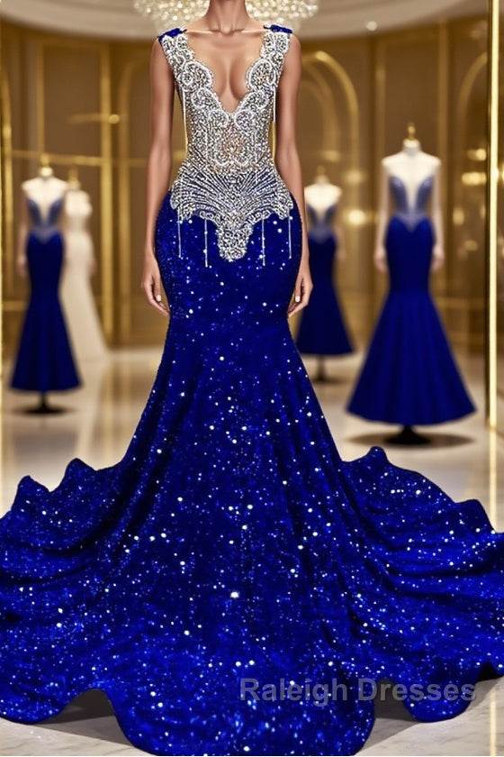 Royal Blue Sleeveless Mermaid Prom Dress with Beadings and Sequins Main image
