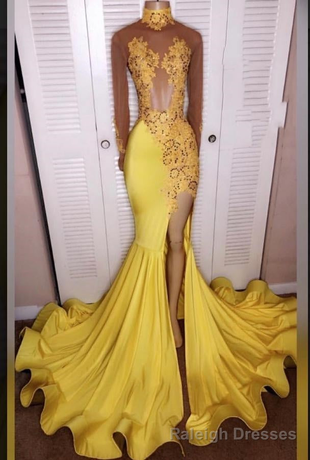2025 Junoesque Yellow Split Mermaid/Trumpet Long Sleeve Satin Prom Dresses Main image