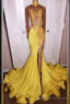 2025 Junoesque Yellow Split Mermaid/Trumpet Long Sleeve Satin Prom Dresses