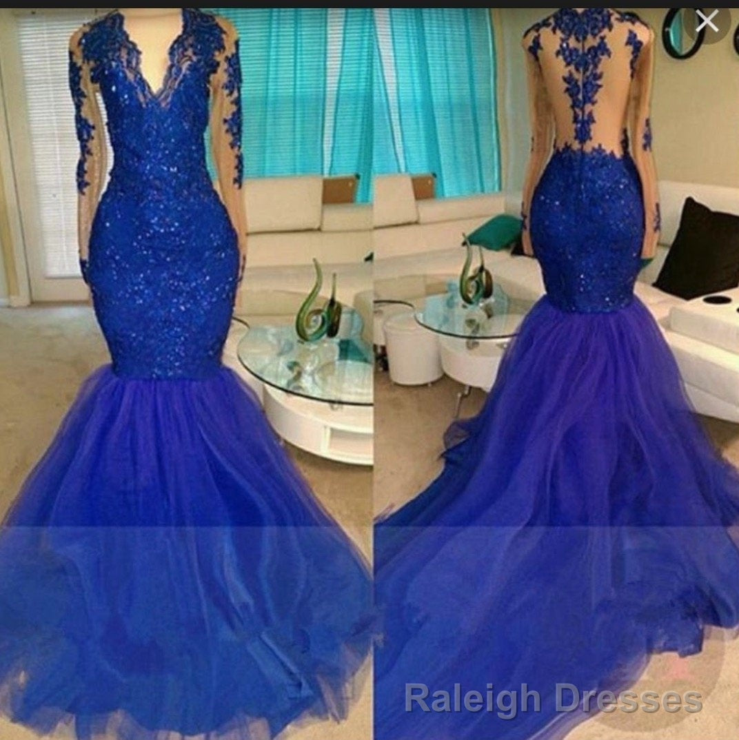 2025 Long Sleeve Royal Blue V-neck Tulle Mermaid Prom Dresses Main image