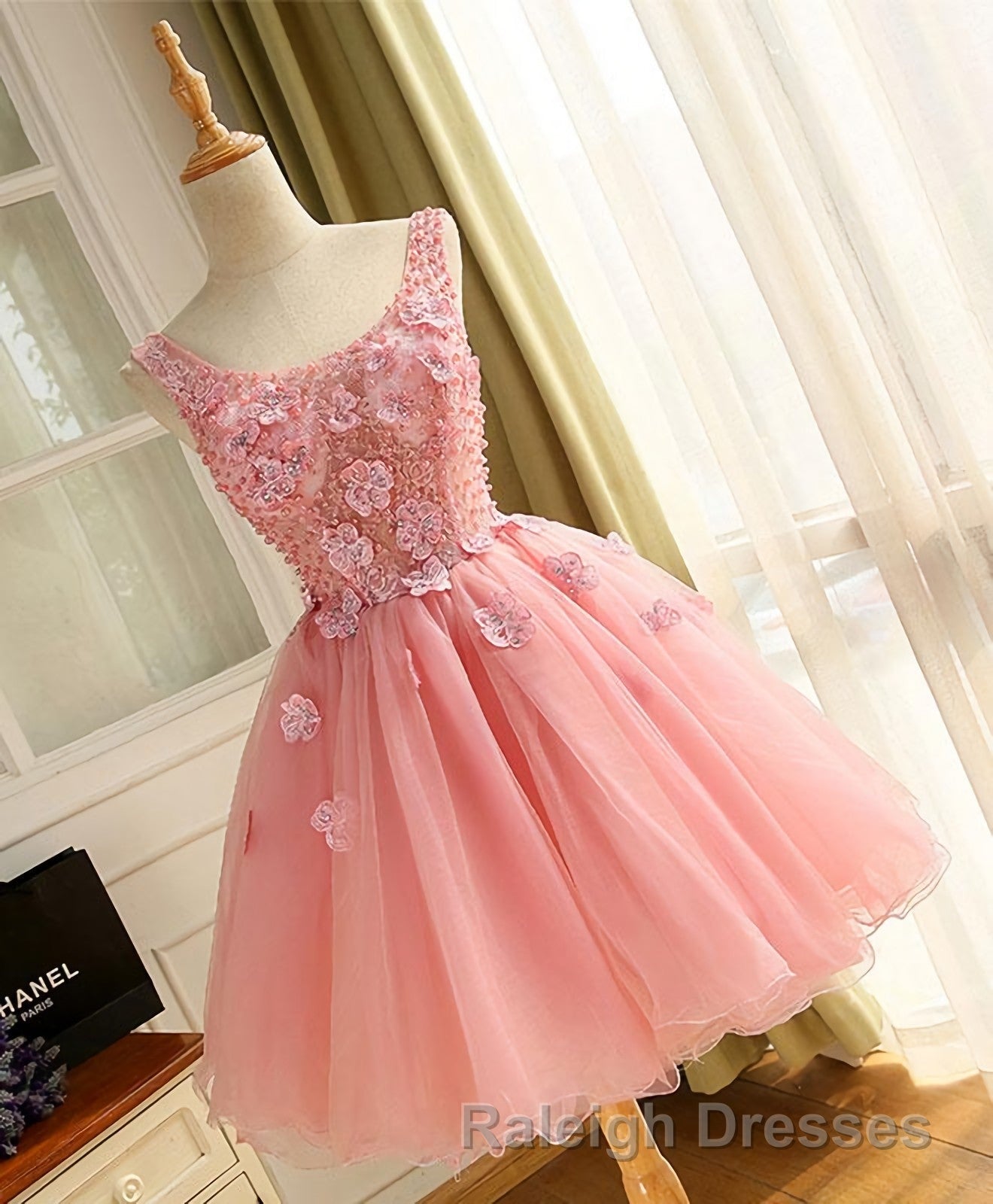 Cute A Line Pink Tulle Pearl Short Prom Dress, Homecoming Dress Secondary image