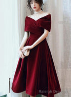 Beautiful Wine Red Velvet Tea Length Prom Dress, Bridesmaid Dress