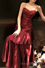 Spaghetti Strap V Neck Plain Ruffle Panel Ruched Mermaid Prom Dresses