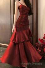 Spaghetti Strap V Neck Plain Ruffle Panel Ruched Mermaid Prom Dresses