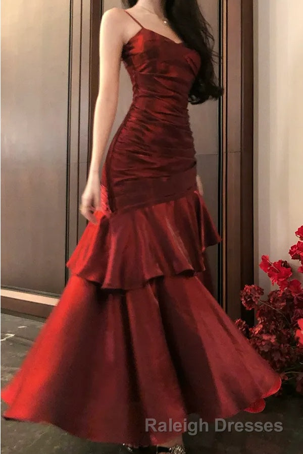 Spaghetti Strap V Neck Plain Ruffle Panel Ruched Mermaid Prom Dresses