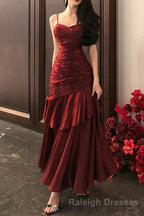 Spaghetti Strap V Neck Plain Ruffle Panel Ruched Mermaid Prom Dresses