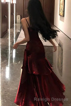 Spaghetti Strap V Neck Plain Ruffle Panel Ruched Mermaid Prom Dresses