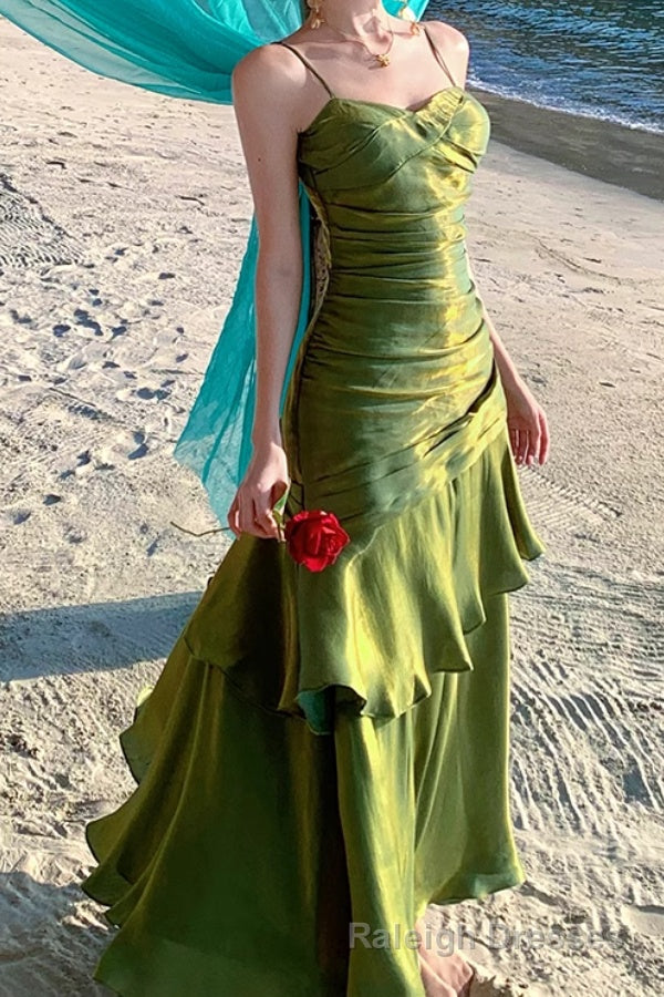 A-Line Green Prom Dress features spaghetti straps Evening Dresses