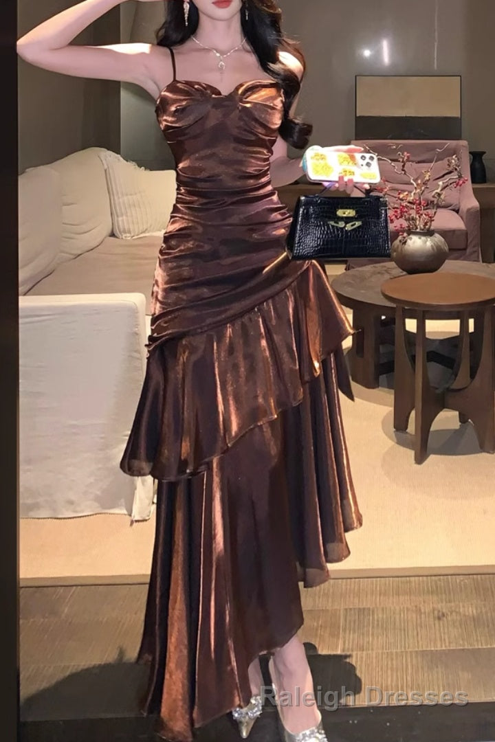 A-Line Brown Prom Dress features spaghetti straps Evening Dresses Main image