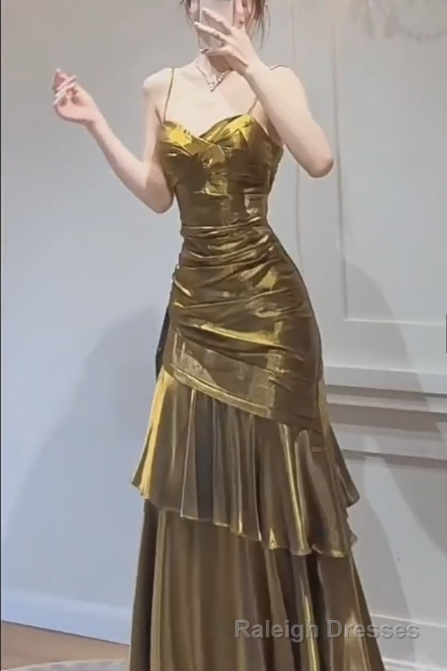 A Line Gold Prom Dress features spaghetti straps Prom Dresses
