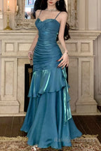 A Line Blue Prom Dress features spaghetti straps Prom Dresses