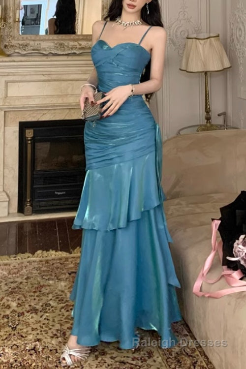 A-Line Blue Prom Dress features spaghetti straps Evening Dresses