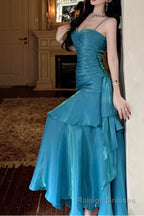 A-Line Blue Prom Dress features spaghetti straps Evening Dresses