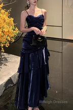 A Line Dark Blue Prom Dress features spaghetti straps Prom Dresses