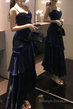 A Line Dark Blue Prom Dress features spaghetti straps Prom Dresses