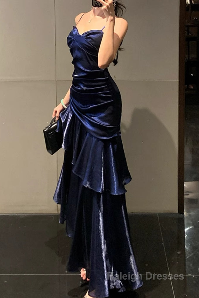 A Line Dark Blue Prom Dress features spaghetti straps Prom Dresses