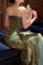 A-Line Green Prom Dress features spaghetti straps Evening Dresses