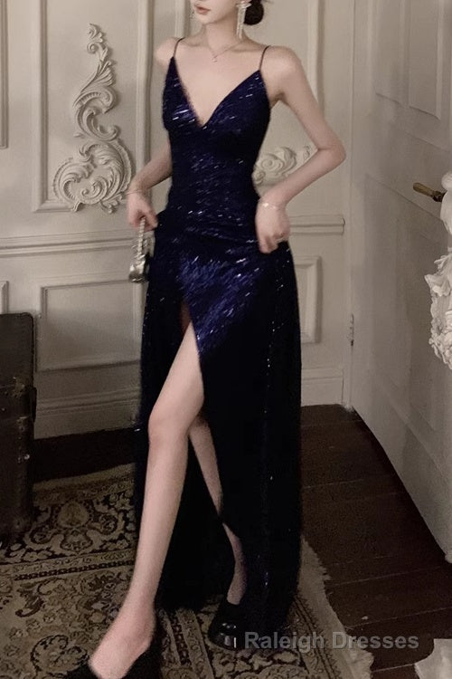 Spaghetti Strap V Neck Prom Dress Glitter A Line Maxi Dress