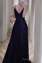 Spaghetti Strap V Neck Prom Dress Glitter A Line Maxi Dress
