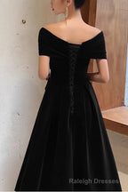 Simple V Neck Short-Sleeve Off Shoulder Long Prom Dress Black A Line Prom Dress