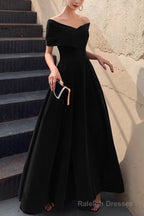 Simple V Neck Short-Sleeve Off Shoulder Long Prom Dress Black A Line Prom Dress