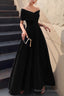 Simple V Neck Short-Sleeve Off Shoulder Long Prom Dress Black A Line Prom Dress