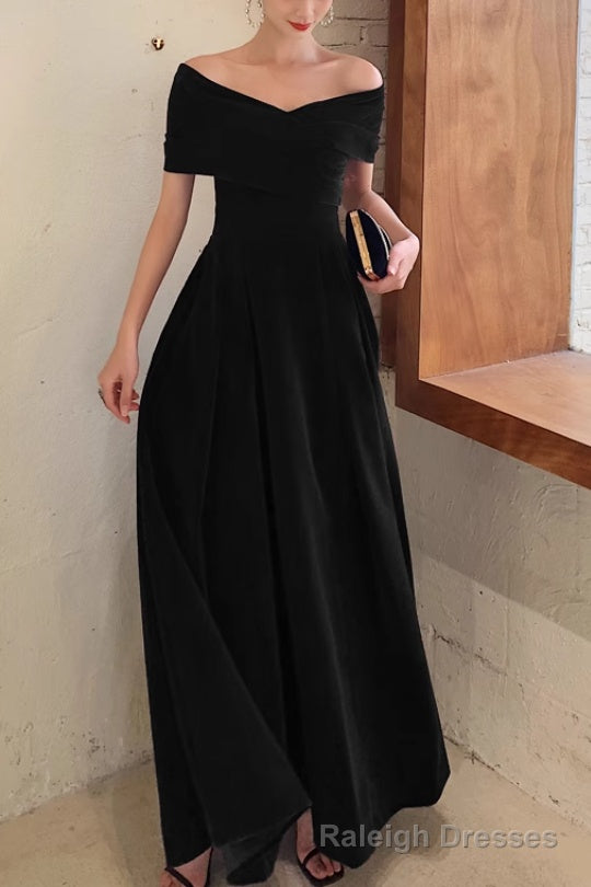Simple V-neck Short-Sleeve Off Shoulder Long Prom Dress Black A-Line  Evening Dress Secondary image