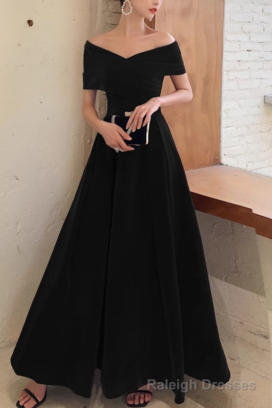 Simple V-neck Short-Sleeve Off Shoulder Long Prom Dress Black A-Line  Evening Dress