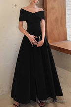 Simple V Neck Short-Sleeve Off Shoulder Long Prom Dress Black A Line Prom Dress