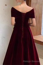 Simple V-neck Short-Sleeve Off Shoulder Long Prom Dress Burgundy A-Line  Evening Dress