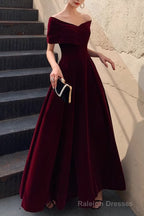 Simple V-neck Short-Sleeve Off Shoulder Long Prom Dress Burgundy A-Line  Evening Dress