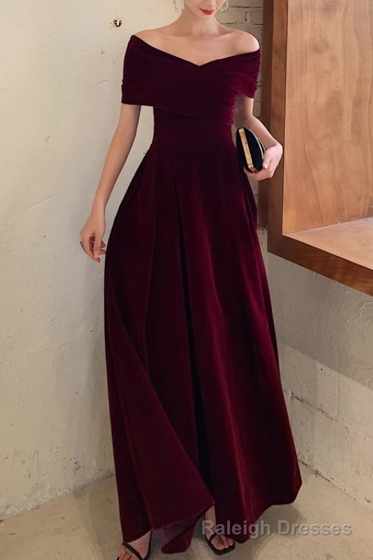 Simple V-neck Short-Sleeve Off Shoulder Long Prom Dress Burgundy A-Line  Evening Dress Main image
