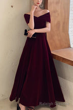 Simple V-neck Short-Sleeve Off Shoulder Long Prom Dress Burgundy A-Line  Evening Dress