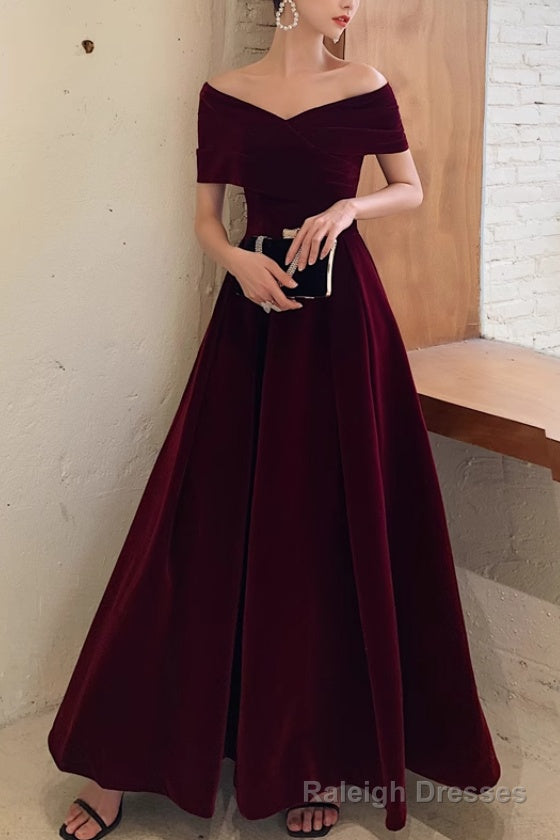 Simple V-neck Short-Sleeve Off Shoulder Long Prom Dress Burgundy A-Line  Evening Dress