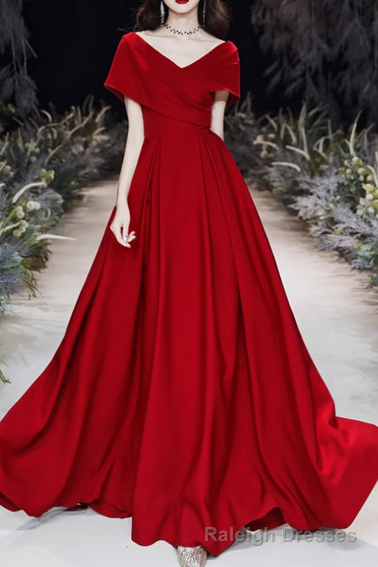 Simple V-neck Short-Sleeve Off Shoulder Long Prom Dress Red A-Line  Evening Dress