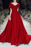 Simple V Neck Short-Sleeve Off Shoulder Long Prom Dress Red A Line Prom Dress