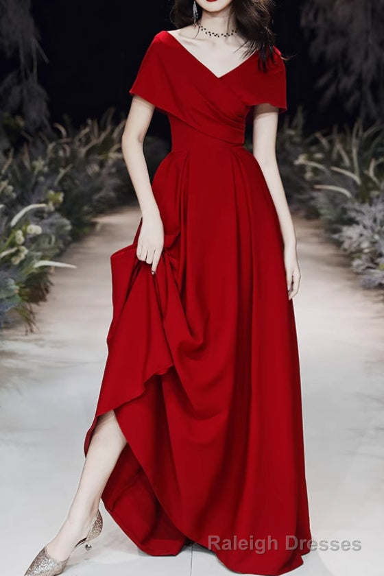 Simple V-neck Short-Sleeve Off Shoulder Long Prom Dress Red A-Line  Evening Dress