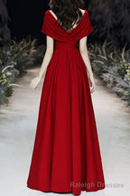 Simple V Neck Short-Sleeve Off Shoulder Long Prom Dress Red A Line Prom Dress