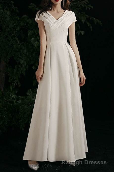 Simple V-neck Short-Sleeve Off Shoulder Long Prom Dress White A-Line  Evening Dress Main image