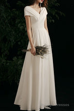 Simple V-neck Short-Sleeve Off Shoulder Long Prom Dress White A-Line  Evening Dress