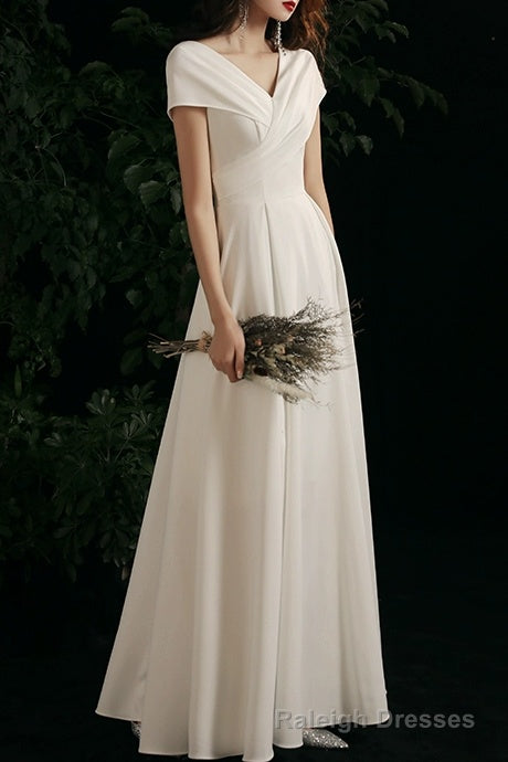 Simple V-neck Short-Sleeve Off Shoulder Long Prom Dress White A-Line  Evening Dress