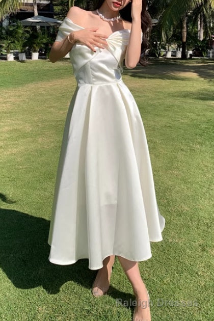 Summer Elegant Off-Shoulder Wedding White Dress Vintage A Line Casual Midi Cocktail Dress