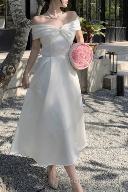 Summer Elegant Off-Shoulder Wedding White Dress Vintage A Line Casual Midi Cocktail Dress