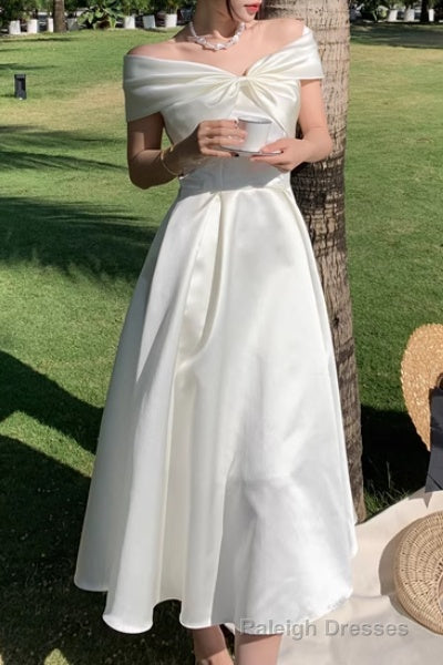 Summer Elegant Off-Shoulder Wedding White Dress Vintage A Line Casual Midi Cocktail Dress