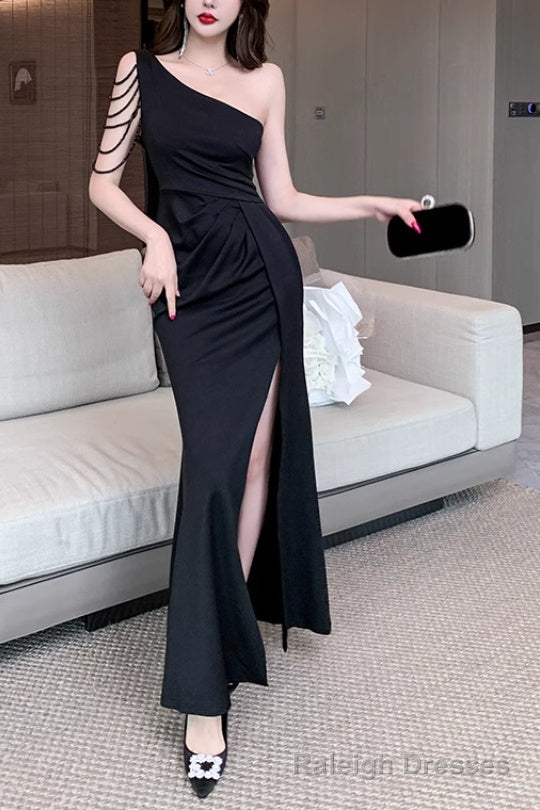 Elegant One Shoulder Satin Long Prom Dress With Slit Bodycon Dresses