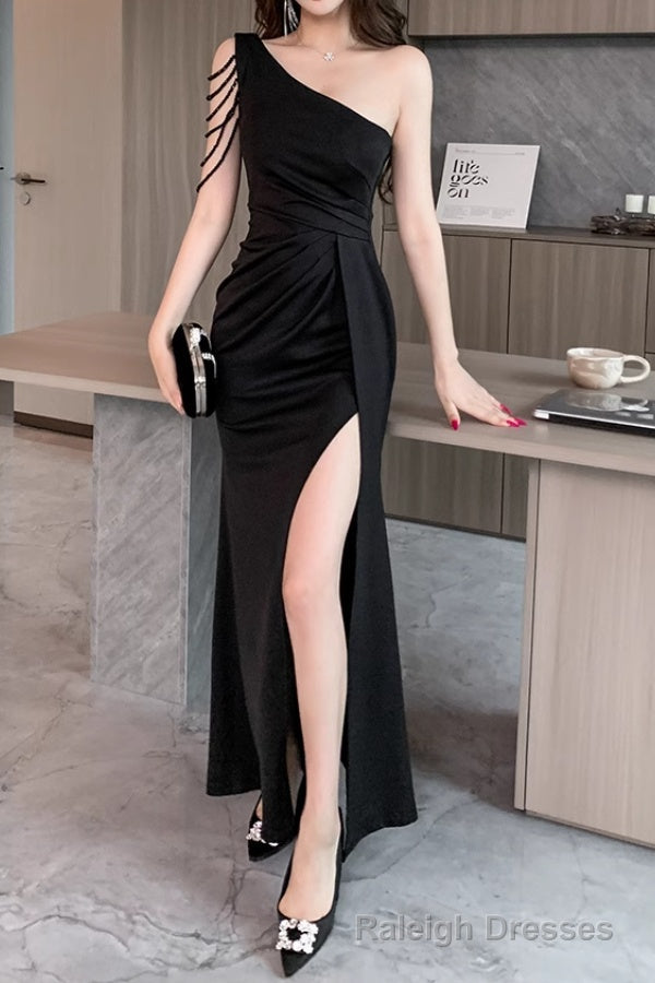 Elegant One Shoulder Satin Long Prom Dress With Slit Bodycon Dresses