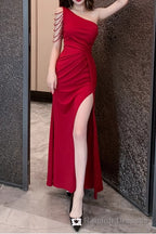 Elegant One Shoulder Satin Long Prom Dress With Slit Bodycon Dresses