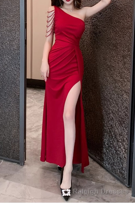 Elegant One Shoulder Satin Long Prom Dress With Slit Bodycon Dresses