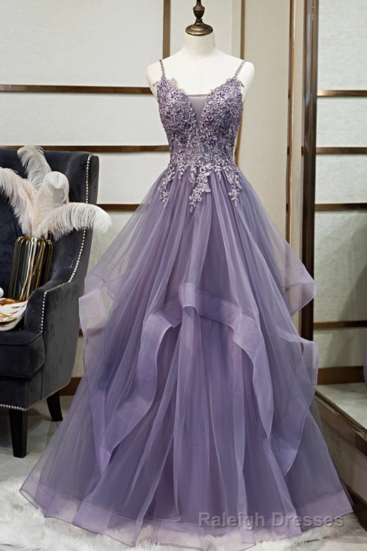 Purple Tulle A Line V Neck Spaghetti Straps Prom Dress With Lace Appliques Main image